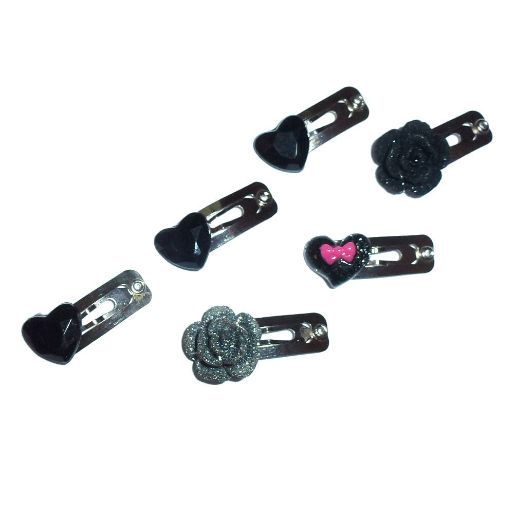 Puppy Bows set of 6 goth jewel snap clips with TINY 20mm 3/4" black hearts (fb145a)