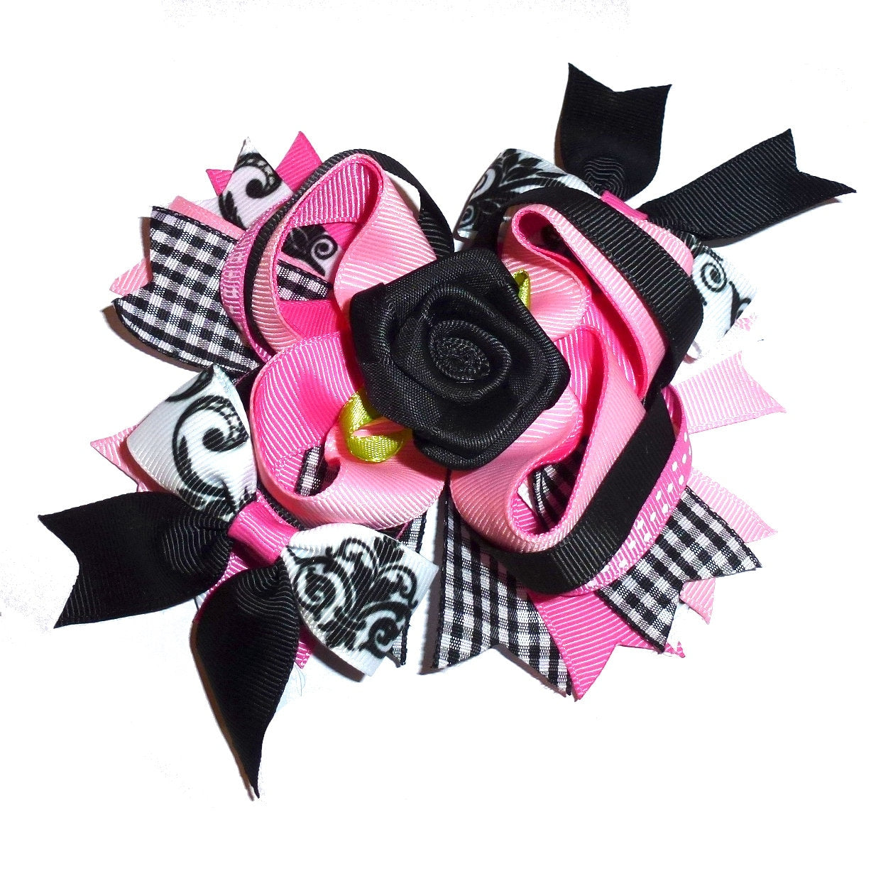 Puppy Bows ~  Pink black roses swirls over the top amazing! dog collar slide flower barrette hair accessory  ~USA seller (DC8)