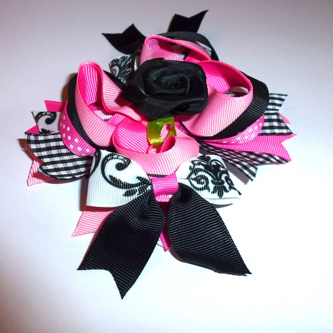 Puppy Bows ~  Pink black roses swirls over the top amazing! dog collar slide flower barrette hair accessory  ~USA seller (DC8)