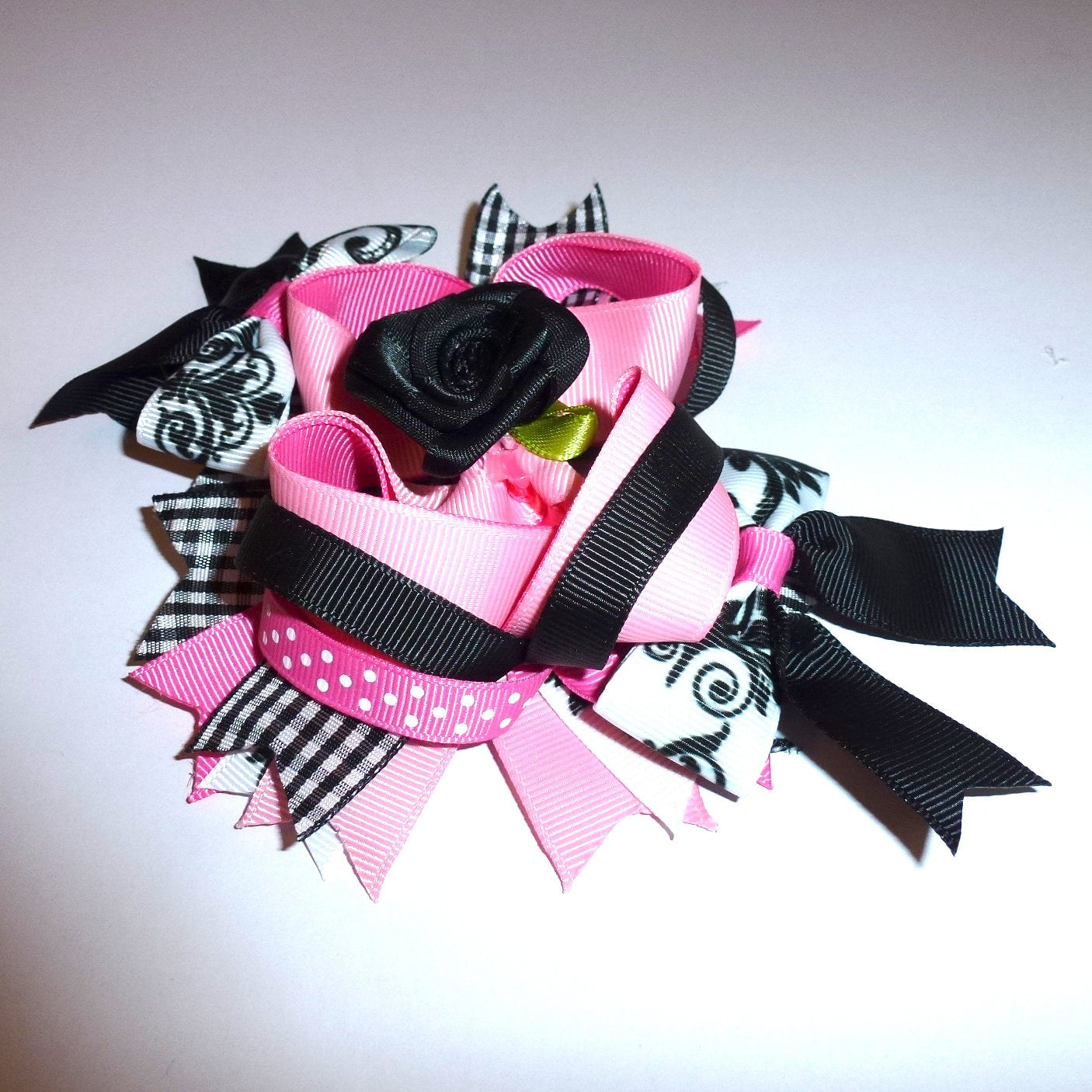 Puppy Bows ~  Pink black roses swirls over the top amazing! dog collar slide flower barrette hair accessory  ~USA seller (DC8)