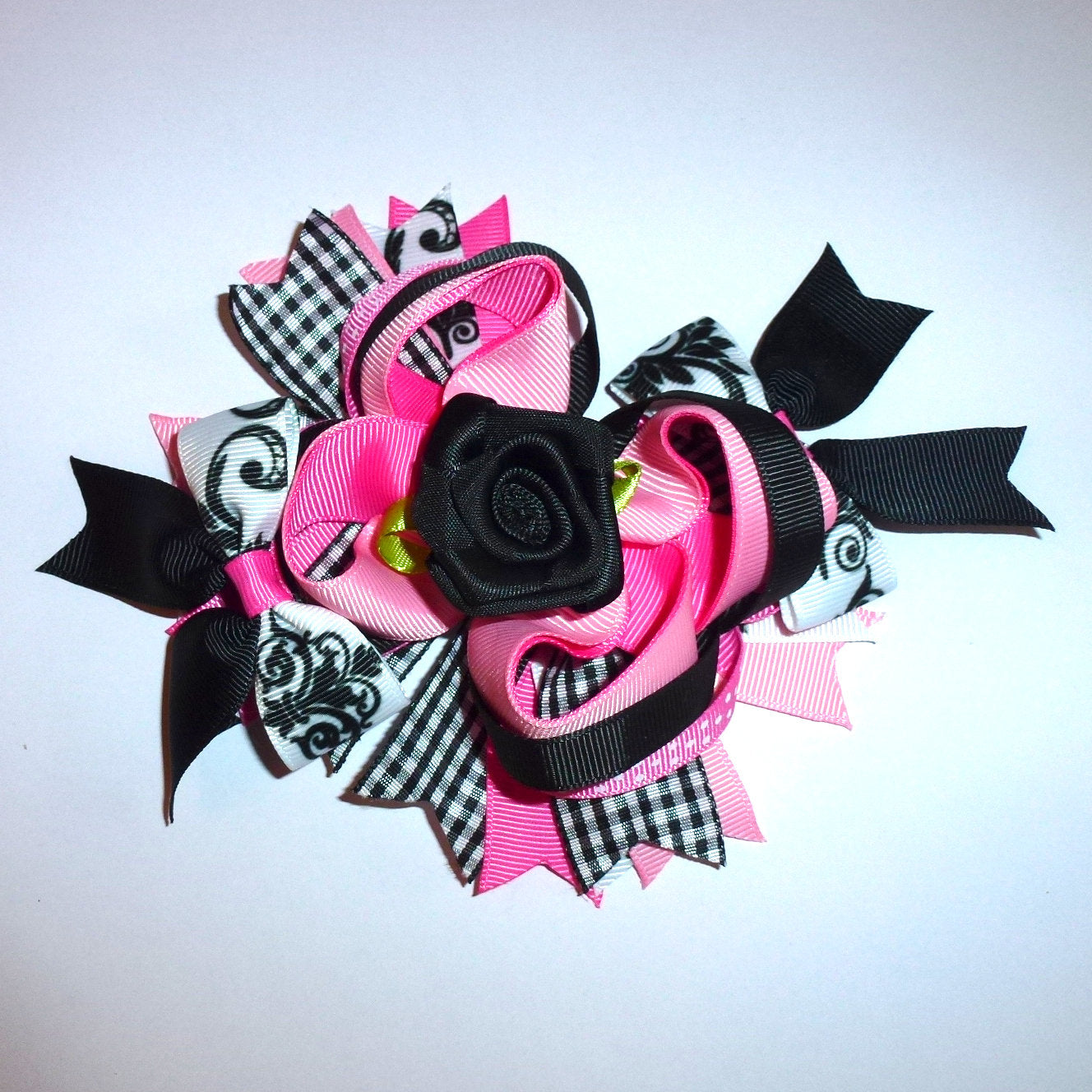 Puppy Bows ~  Pink black roses swirls over the top amazing! dog collar slide flower barrette hair accessory  ~USA seller (DC8)