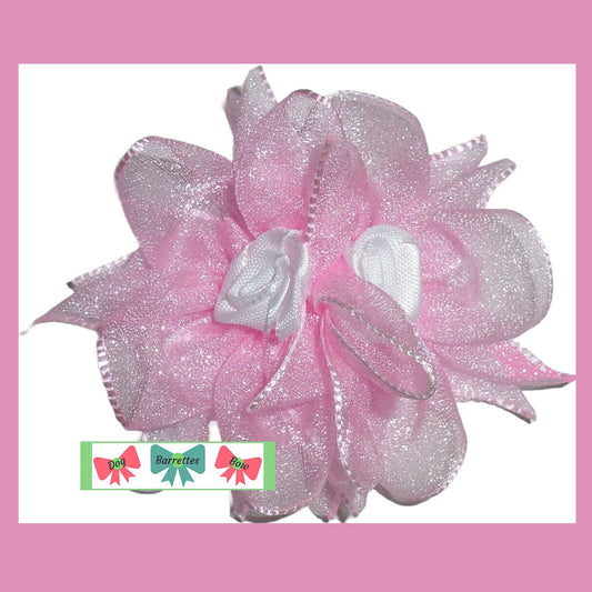 Puppy bows princess organza pink flower pet hair bow barrettes or bands (fb118A)