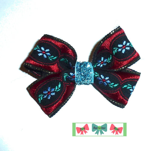 Burgundy red blue velvet jacquard flower pet hair dog grooming bows (FB413F)