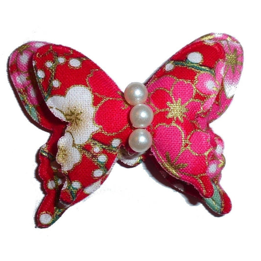 Puppy Bows ~ CLEARANCE 2 for 3.00 Red pink Japanese cherry blossom butterfly pet hair bow  - (fb254)