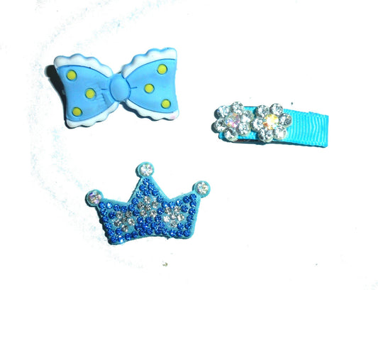 Dog hair small bows 3 blue for boys CLEARANCE pet grooming bow or barrette clip. (fb523F)