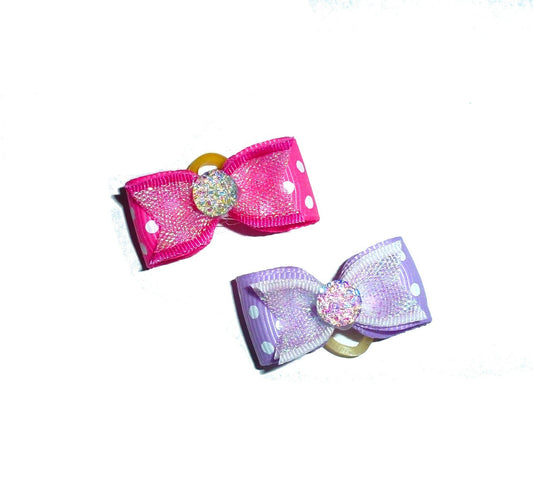 Puppy Dog Bows ~ 2 tiny pink purple shiny show pet hair bow  barrettes  (fb8)