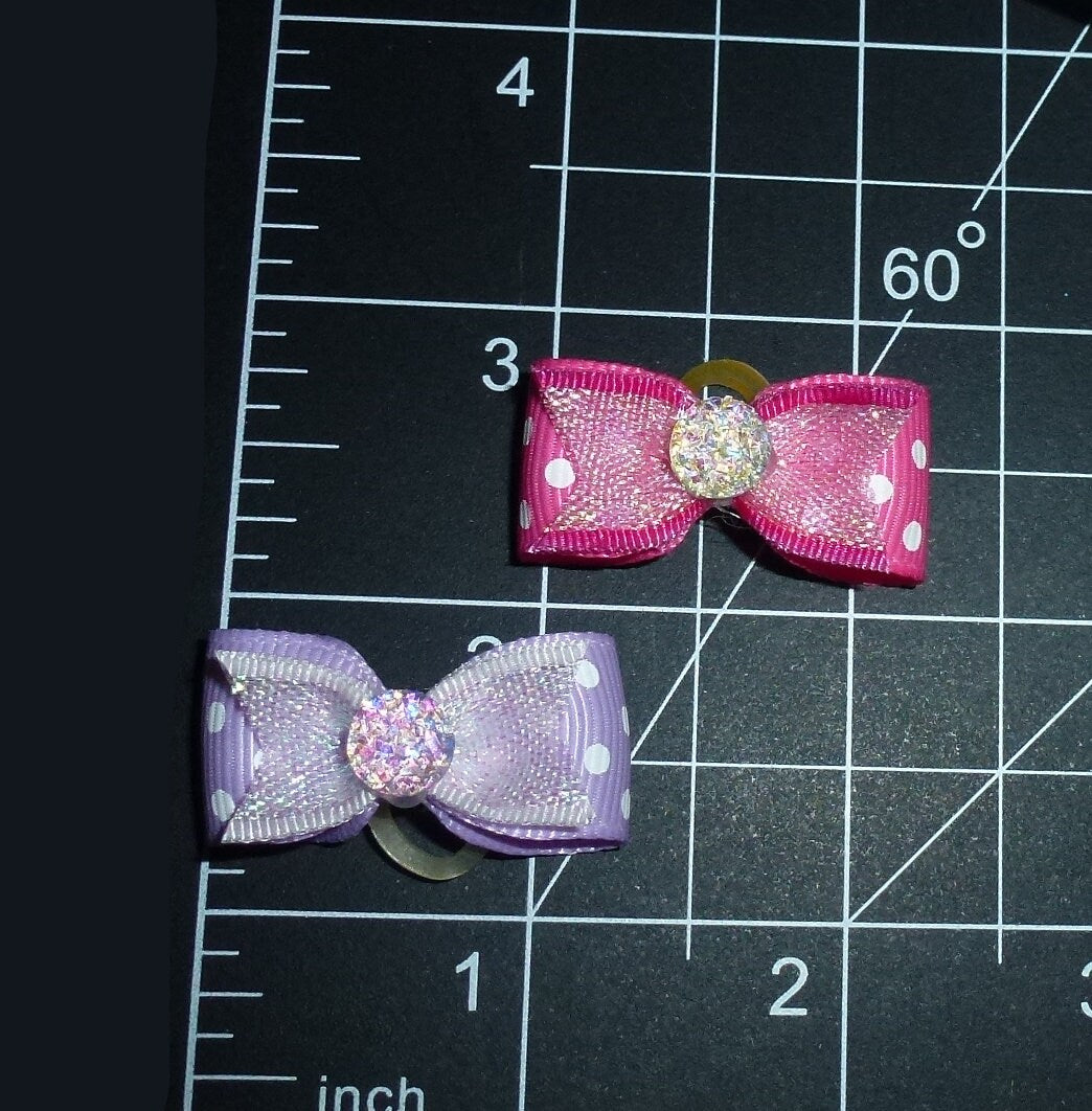 Puppy Dog Bows ~ 2 tiny pink purple shiny show pet hair bow  barrettes  (fb8)