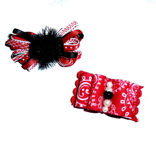 Dog hair small bows CLEARANCE pet grooming bow red black bands or barrette clip. (fb523B)