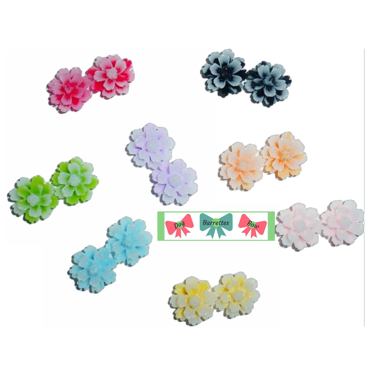 Puppy Dog Bows ~ Tiny fluffy white tipped carnation plastic puppy clips pet hair bow barrettes or bands (fb209c)