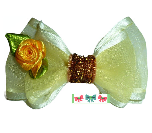 Puppy bows Baby maize satin trim organza rose pet hair bow barrettes or bands (fb310)