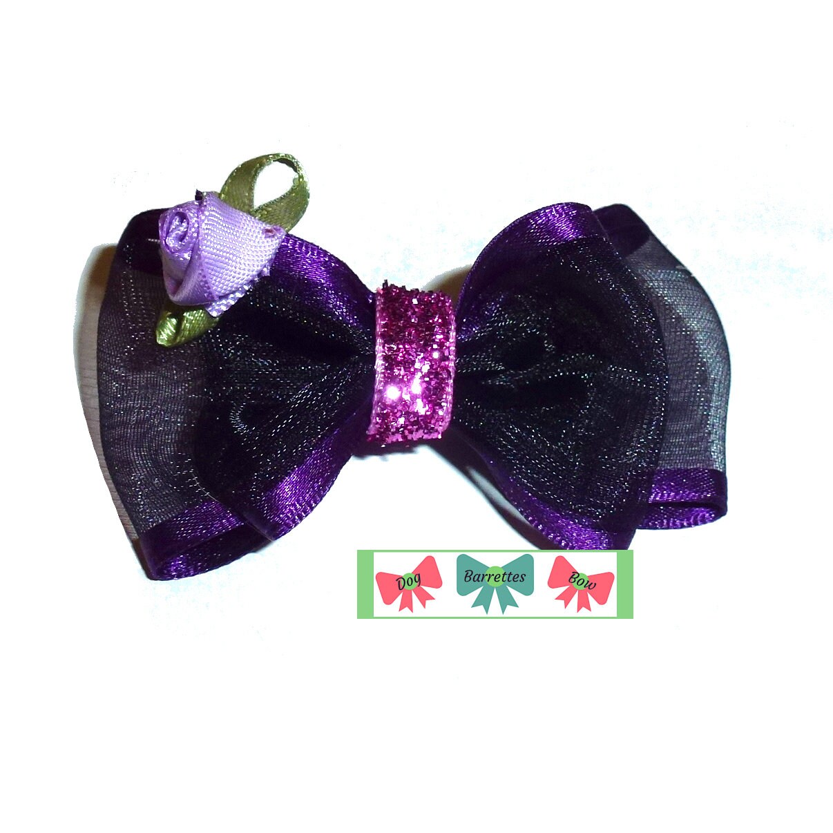 Puppy bows Grappa satin trim organza rose pet hair bow barrettes or bands (fb2D)