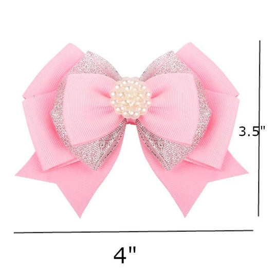 Puppy Bows ~ Dog collar slide bow pink silver pearl center (dc34)