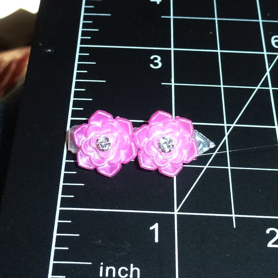 Puppy Dog Bows ~ Rhinestone roses plastic puppy clips pet hair bow barrettes or bands (fb206b)