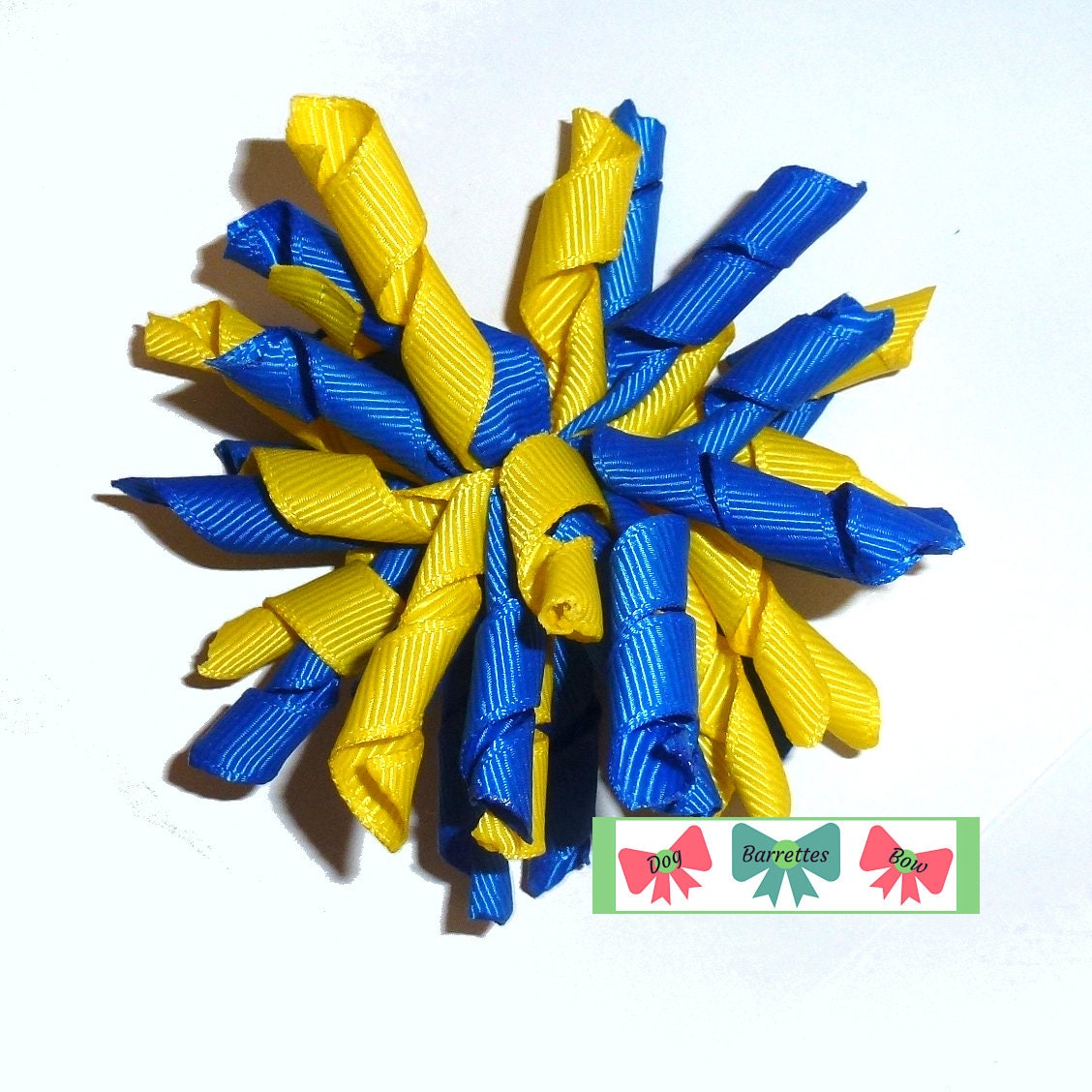 Puppy Bows Blue yellow Korker loop collar slide 3"  dog bow 2" pet hair clip barrette or latex bands   (fb120)