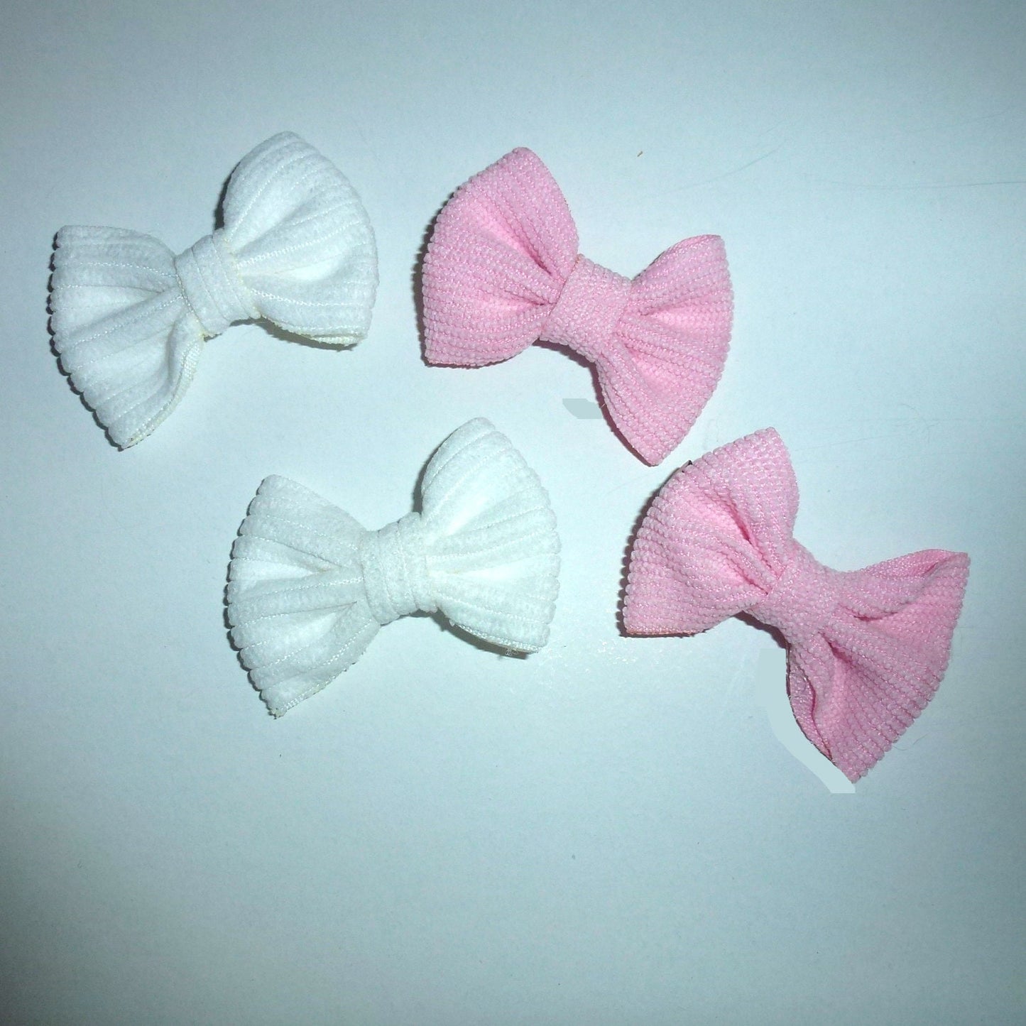 Puppy Dog Bows ~ Pink white soft corduroy FOUR pet hair bow barrettes or bands (fb509)