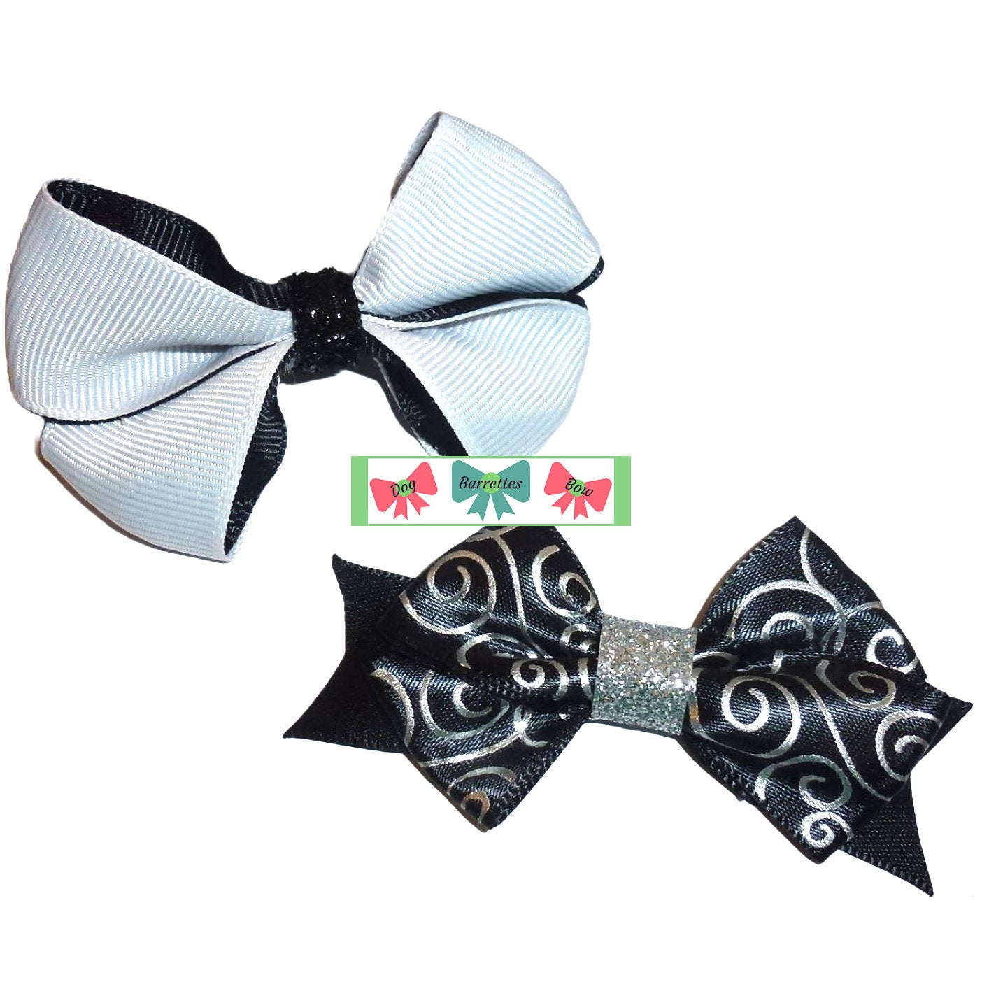 Puppy Bows ~  Set of 2 black and white bow hair barrette or bands (FB465)