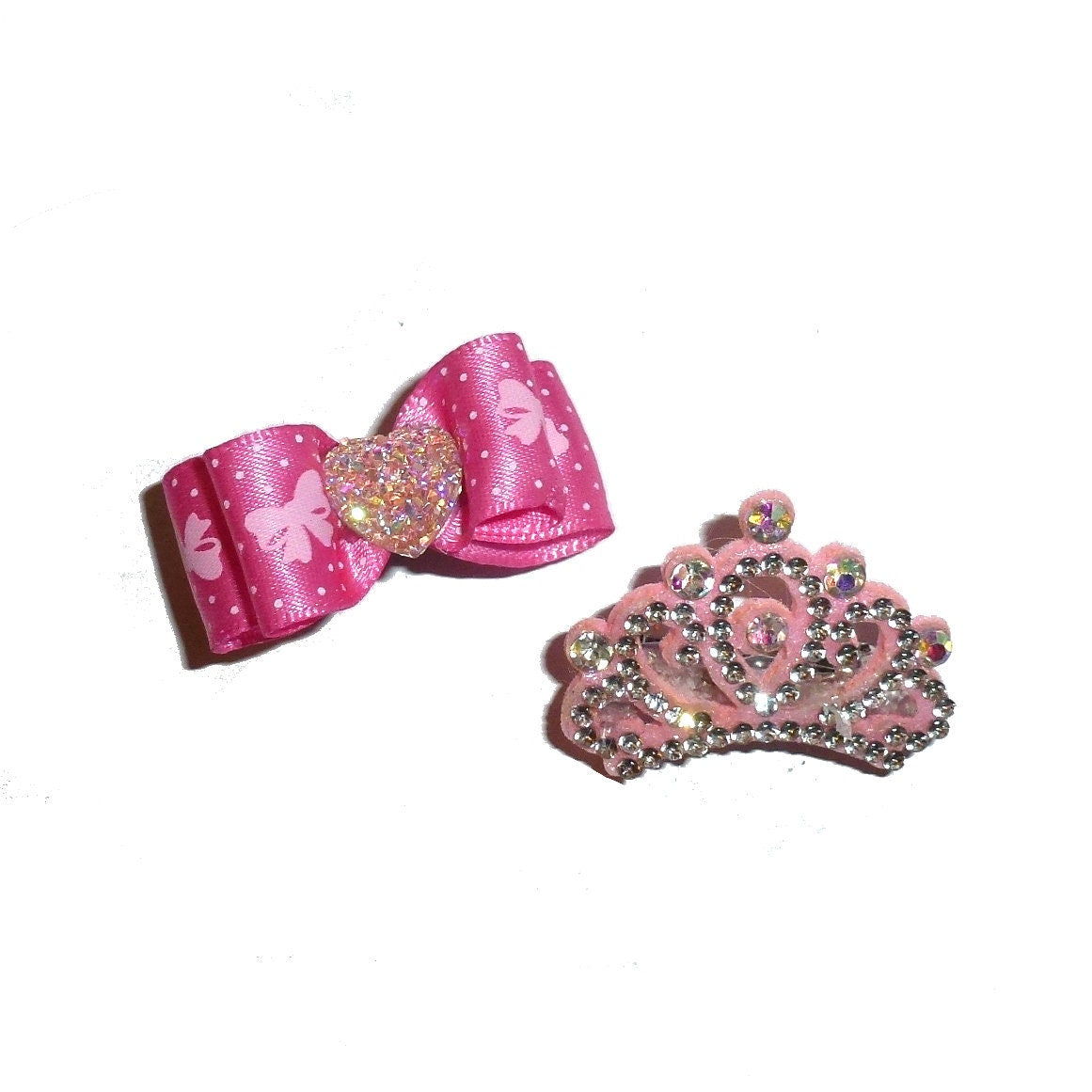 Puppy Dog Bows Pink heart bow and gemstone crown pet hair show bow barrettes (FB153)