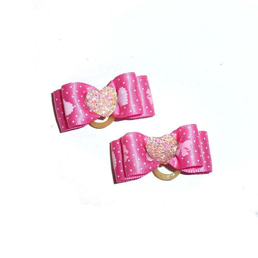 Puppy Dog Bows TWO pink/white heart   pet hair show bow barrettes or bands (FB153)