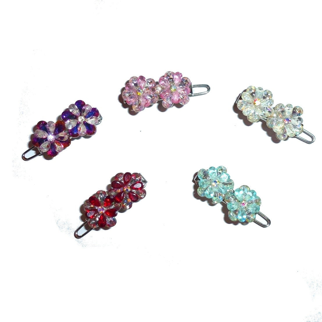 Dog Bows flower crystal multi level 3D petals rhinestone  tiny  3/4" pet hair barrette clip (TB6)