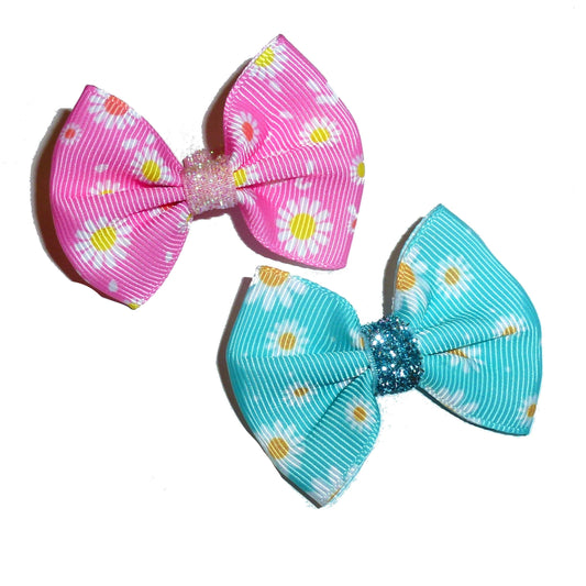 Puppy Bows ~ flower garden pink or blue daisy dog hair bow latex bands or clips (FB180)