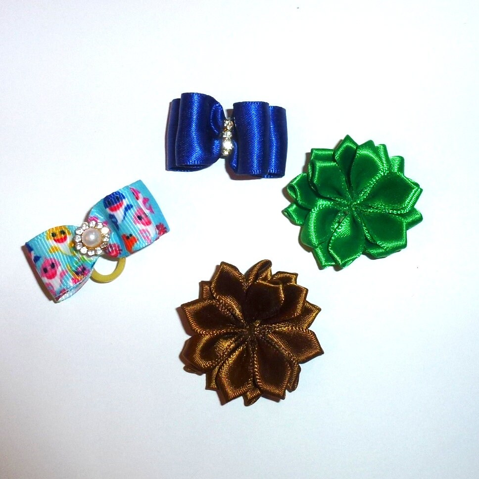 Dog hair small bows CLEARANCE pet grooming bow for boys blue green bands or barrette clip. (fb460)