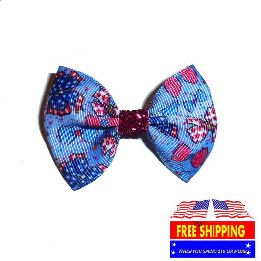 Puppy Bows ~ Butterfly red white blue pet hair bow dog collar flower (fb188B)