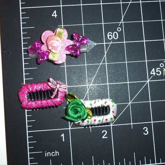 Puppy Dog Bows ~ Tiny flowers dragonfly on wrapped snap comb clip plastic puppy clips pet hair bow barrettes or bands (fb481F)