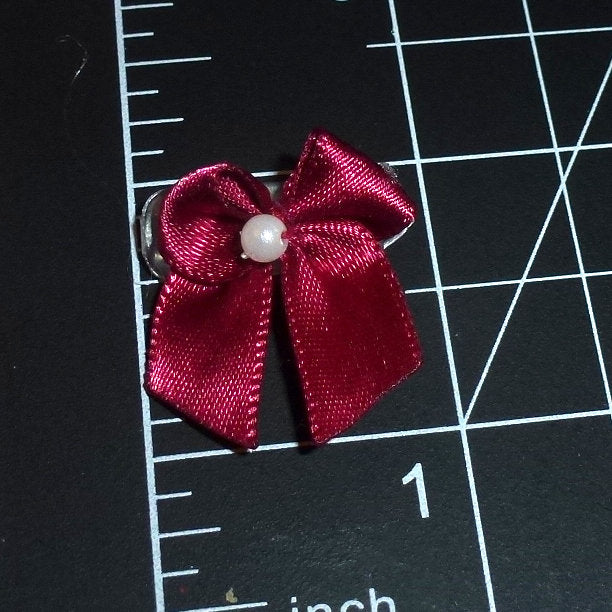 Super tiny pearl beaded 8 burgundy satin bows on plastic barrette  clip pet hair dog bow (fb361P)