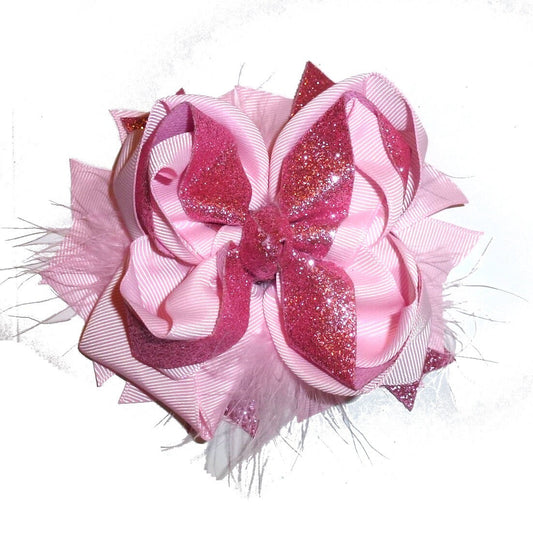 Puppy Bows ~  Pink rose feather glitter bow 5" big  collar slide (DC45)