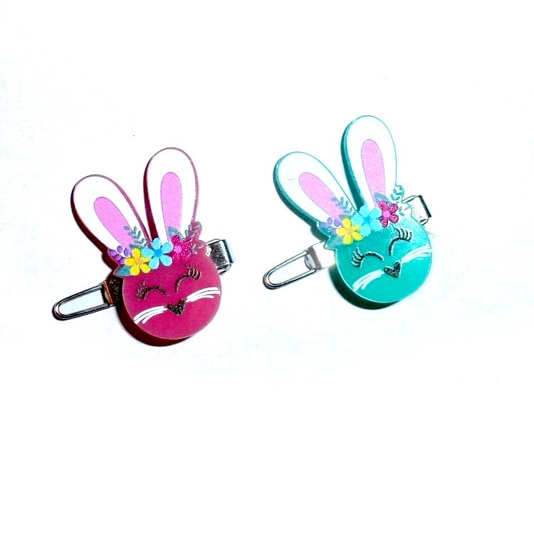 Puppy Bows happy bunny head pink or blue 1" barrette bow clip or latex bands (fb280)