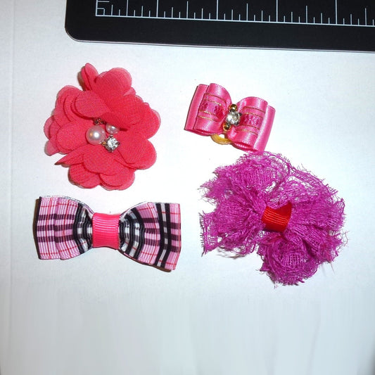 Dog hair mini bows CLEARANCE neon pink  bands or barrette clip. (fb501d)