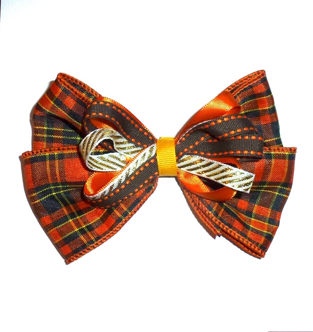 Puppy Bows ~ Dog collar slide bow large Autumn fall plaid colors  (FB211)