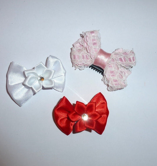 DogBowBarrettes 3  lace satin rhinestone flower small pet dog hair bow with snap clips (fb39A)