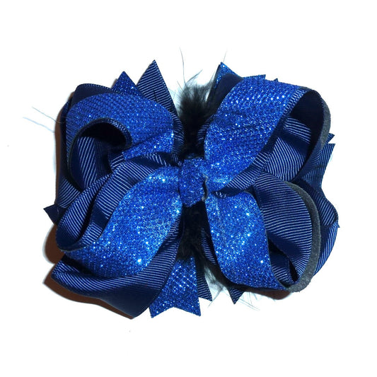 Midnight blue glitter bow 5" big dog bow bands barrette or collar slide  (DC45)