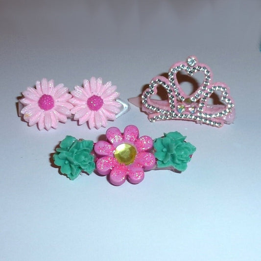 Dog bow set of 3 on plastic barrette clip pink daisies rhinestone crown  (fb21c)