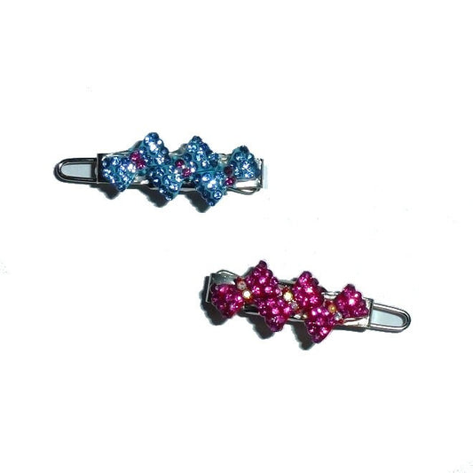 Pink or blue triple rhinestone bow dog hair barrette pet hair clip