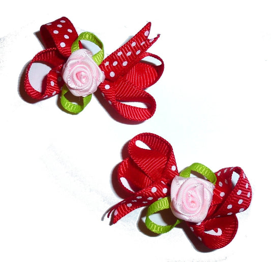 Puppy Bows ~ Red polka dot twisted boutique rose dog bow for girls - pairs dog grooming pet hair bows - (FB211)