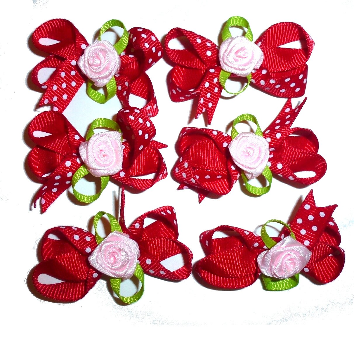 Puppy Bows ~ Red polka dot twisted boutique rose dog bow for girls - pairs dog grooming pet hair bows - (FB211)