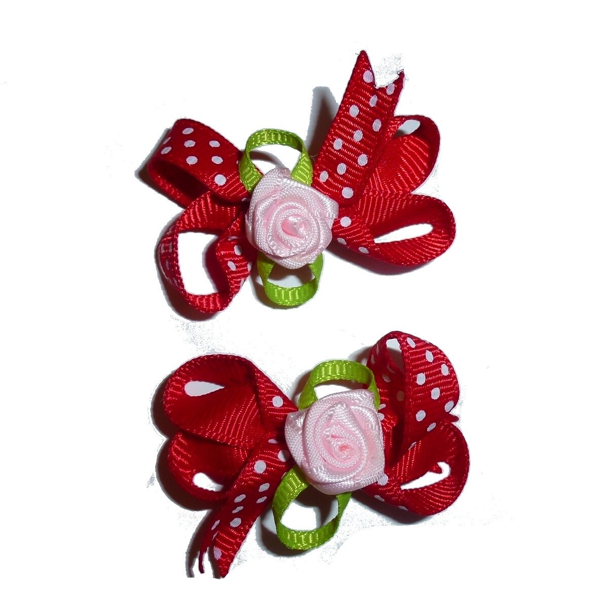 Puppy Bows ~ Red polka dot twisted boutique rose dog bow for girls - pairs dog grooming pet hair bows - (FB211)