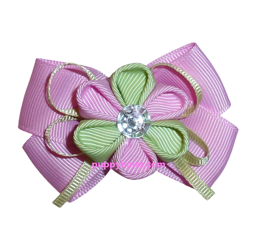 Pink mint green flower dog hair bow 2.5" latex bands or barrette bows