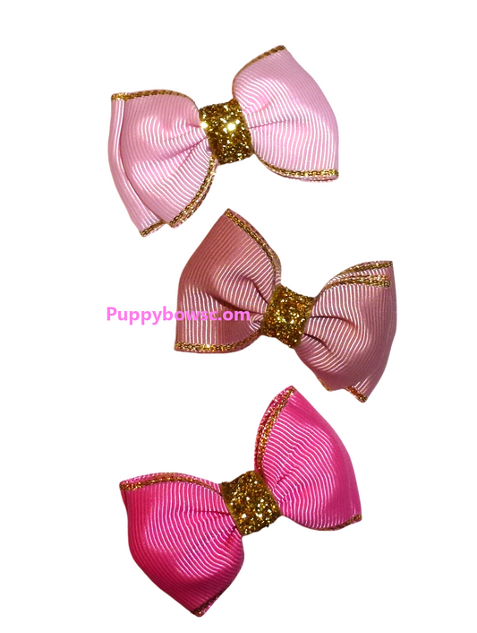 Pink double loop gold glitter 3pcs dog hair bow 2" latex bands or barrette bows