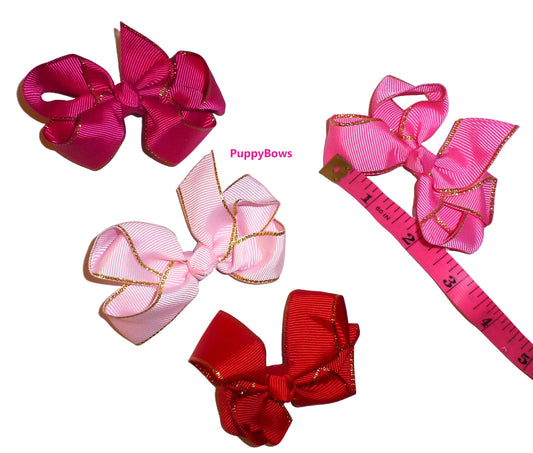 Pink twisted boutique gold edge 3pcs dog hair bow 3" latex bands or barrette bows