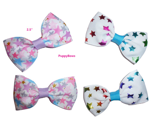 Pink blue stars or chevron pattern 4pcs dog hair bow 2.5" latex bands or barrette bows