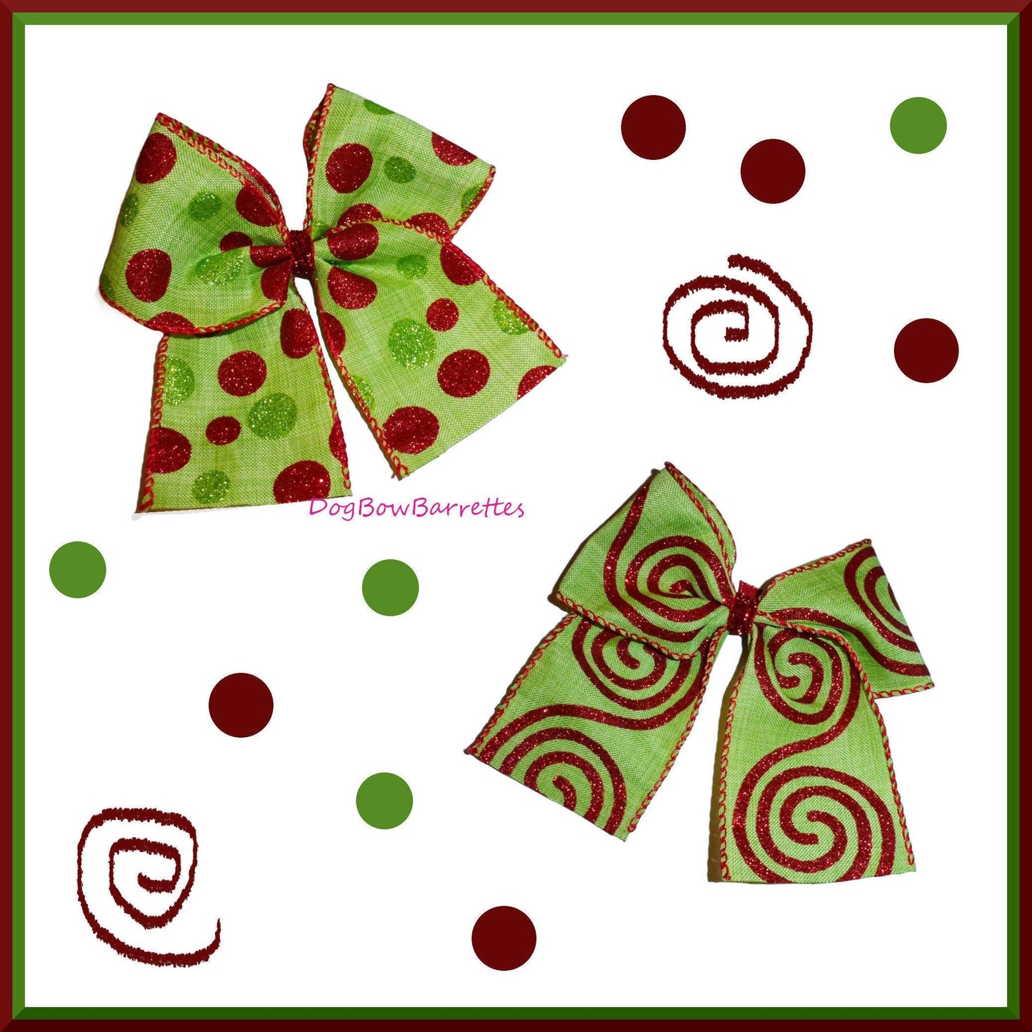 Puppy bows ~ dog collar slide bow christmas  red green dot swirls accessory