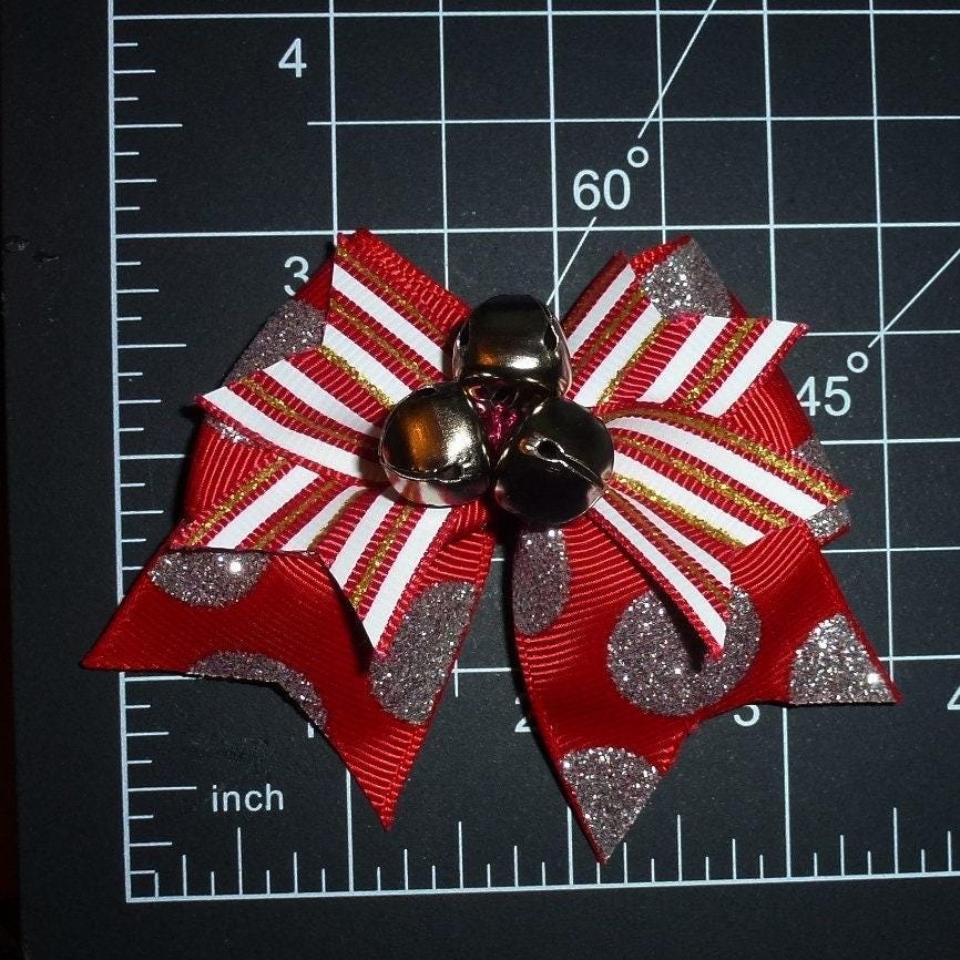 PuppyBows Christmas silver bells jingle bow pet hair bands clip dog collar slide