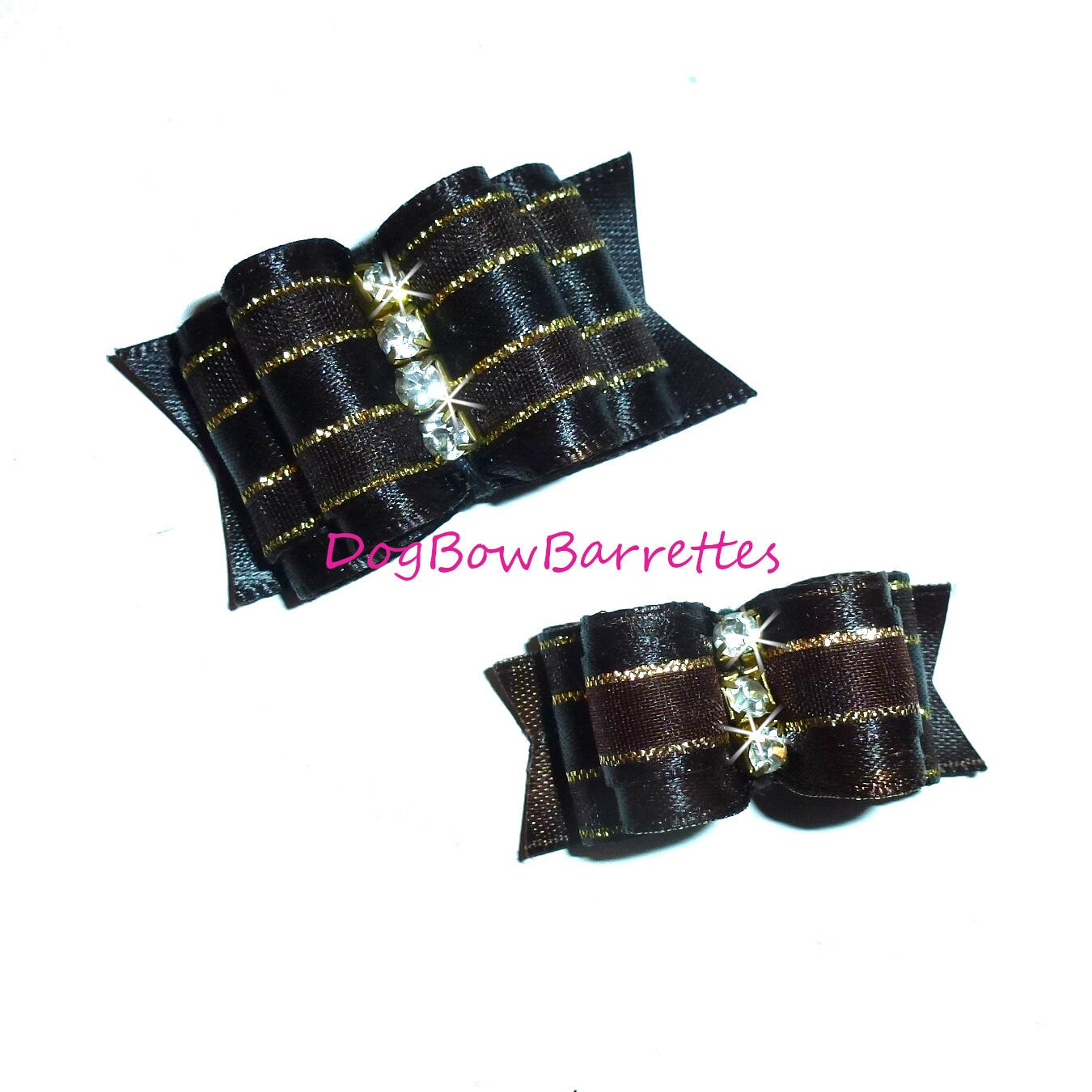 Puppy Dog Bows ~ Brown/gold show with rhinestone center pet hair bow  barrettes