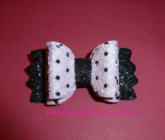 Puppy bows pink black polka dot 2" glitter dog hair bow