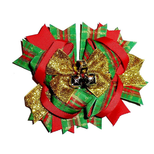 Puppy bows ~ dog collar slide bow christmas jingle bells plaid gold red/green accessory  (dc32)