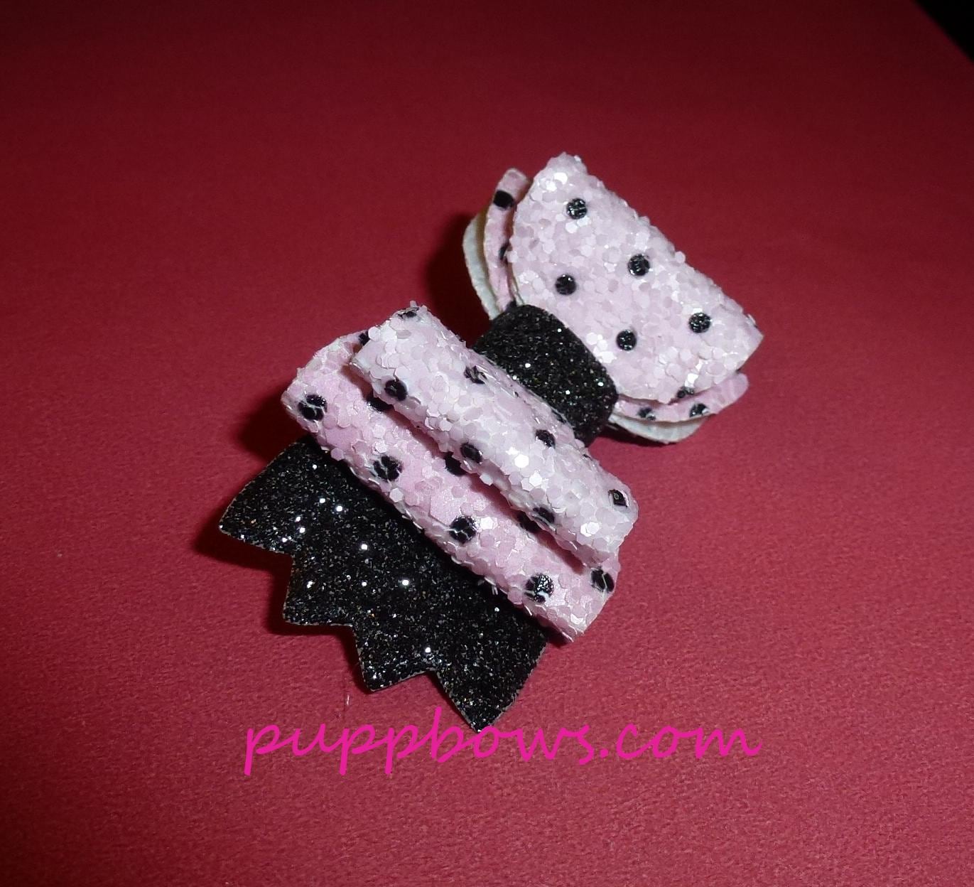 Puppy bows pink black polka dot 2" glitter dog hair bow