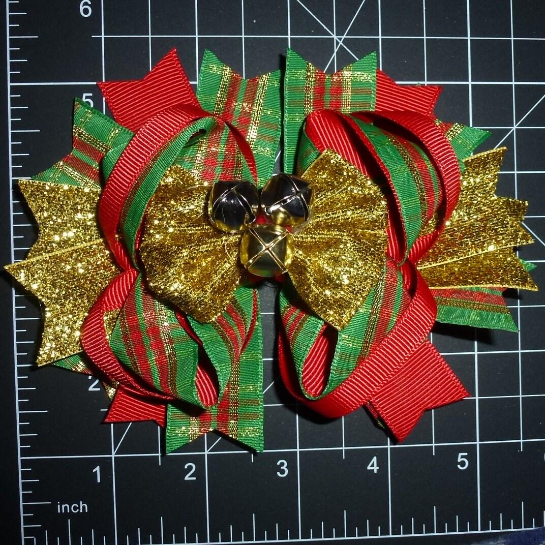 Puppy bows ~ dog collar slide bow christmas jingle bells plaid gold red/green accessory  (dc32)